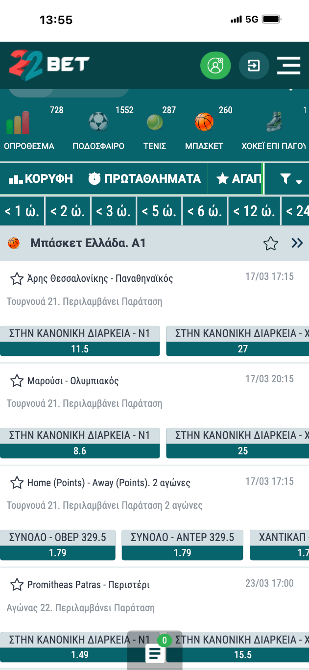 22bet στοίχημα στο μπάσκετ. Αγορές και αποδόσεις