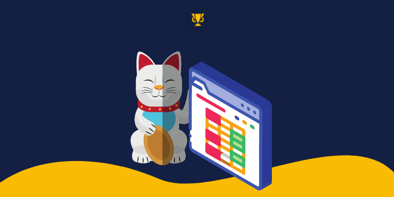 Γάτα τύχης με χρυσό νόμισμα και πίνακας στοιχημάτων σε μπλε φόντο