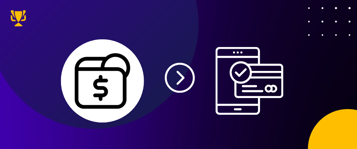 Εικονίδιο ηλεκτρονικού πορτοφολιού δίπλα σε smartphone με πιστωτική κάρτα σε φόντο μωβ