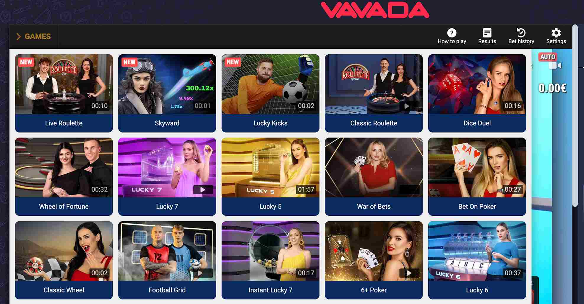 Οθόνη ζωντανών παιχνιδιών στο Vavada με ρουλέτα, Lucky 7, και Bet On Poker