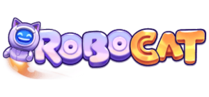 Λογότυπο RoboCat με χαρούμενη γάτα ρομπότ και πολύχρωμα γράμματα
