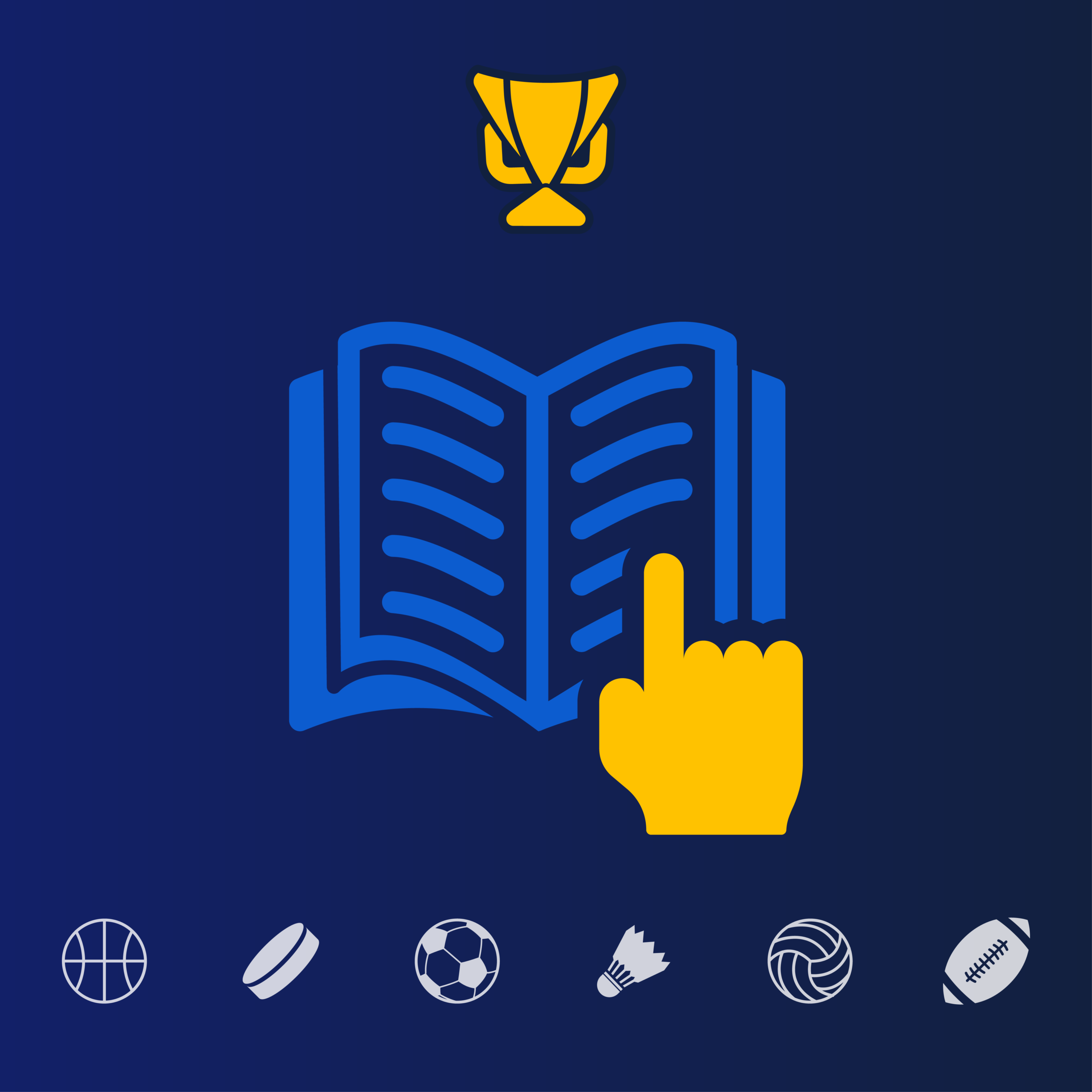 Εικονίδιο Betting School με τρόπαιο, ανοιχτό βιβλίο και αθλητικά σύμβολα.