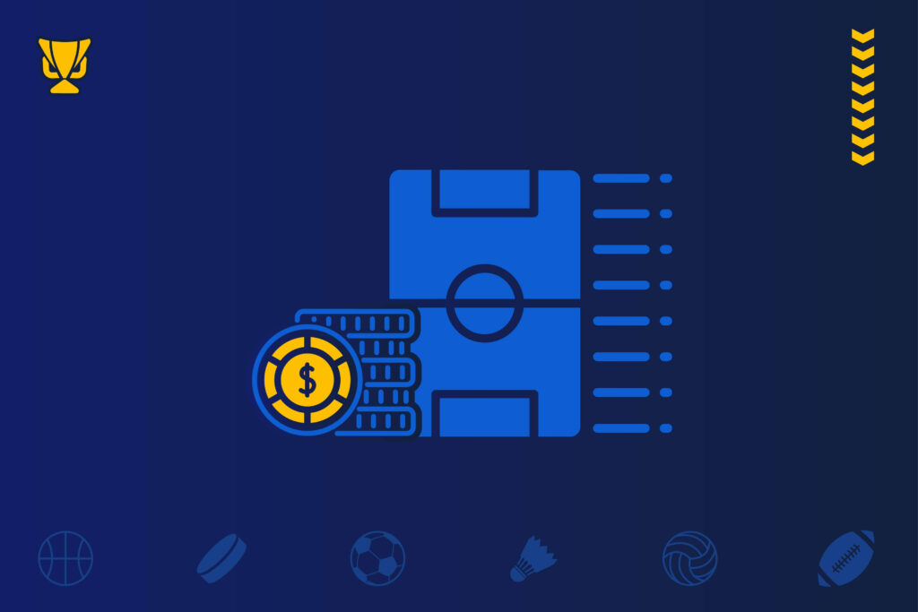 Εικονίδιο στοιχηματικών μεθόδων με γήπεδο ποδοσφαίρου, μάρκες και τρόπαιο