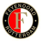 Έμβλημα της Φέγενορντ Ρότερνταμ με κόκκινο και λευκό φόντο, χρυσό γράμμα F και κυκλικό πλαίσιο