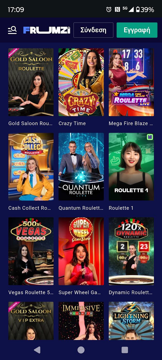 Live παιχνίδια καζίνο στο Frumzi όπως Gold Saloon Roulette και Crazy Time.