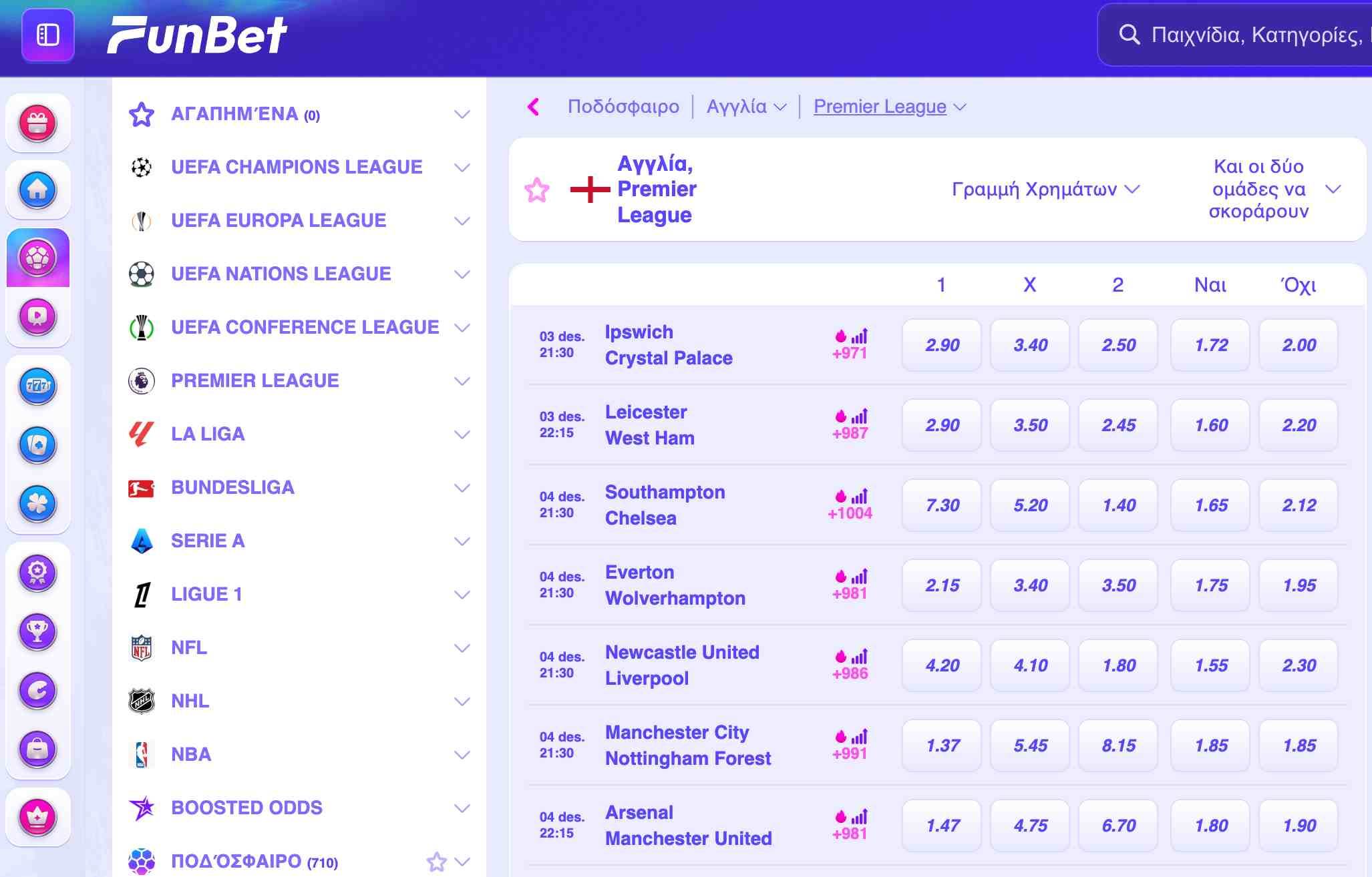 Αγορές στοιχημάτων Funbet