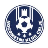 Λογότυπο της Nogometni Klub Celje με μπλε και λευκά στοιχεία, μπάλα ποδοσφαίρου και πύργο