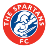 Λογότυπο της The Spartans FC με Σπαρτιάτη πολεμιστή σε μπλε φόντο και κόκκινο κύκλο