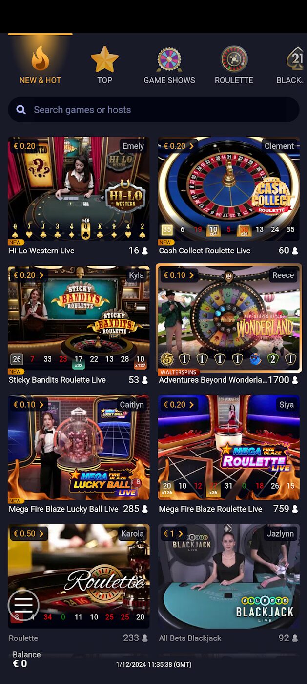 Live παιχνίδια στο Vavada Casino, με επιλογές όπως "Hi-Lo Western Live" και "All Bets Blackjack"