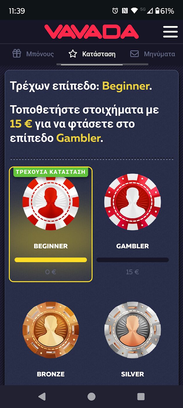 Vavada Casino - Πρόγραμμα VIP με επίπεδα όπως Beginner, Gambler, Bronze, και Silver.