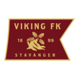 Έμβλημα της Βίκινγκ ΦΚ με κόκκινο φόντο, χρυσά γράμματα και σύμβολο κορμού δέντρου