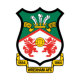 Λογότυπο Wrexham AFC με δύο κόκκινους δράκους, χρυσή μπάλα και πριγκιπικό λοφίο
