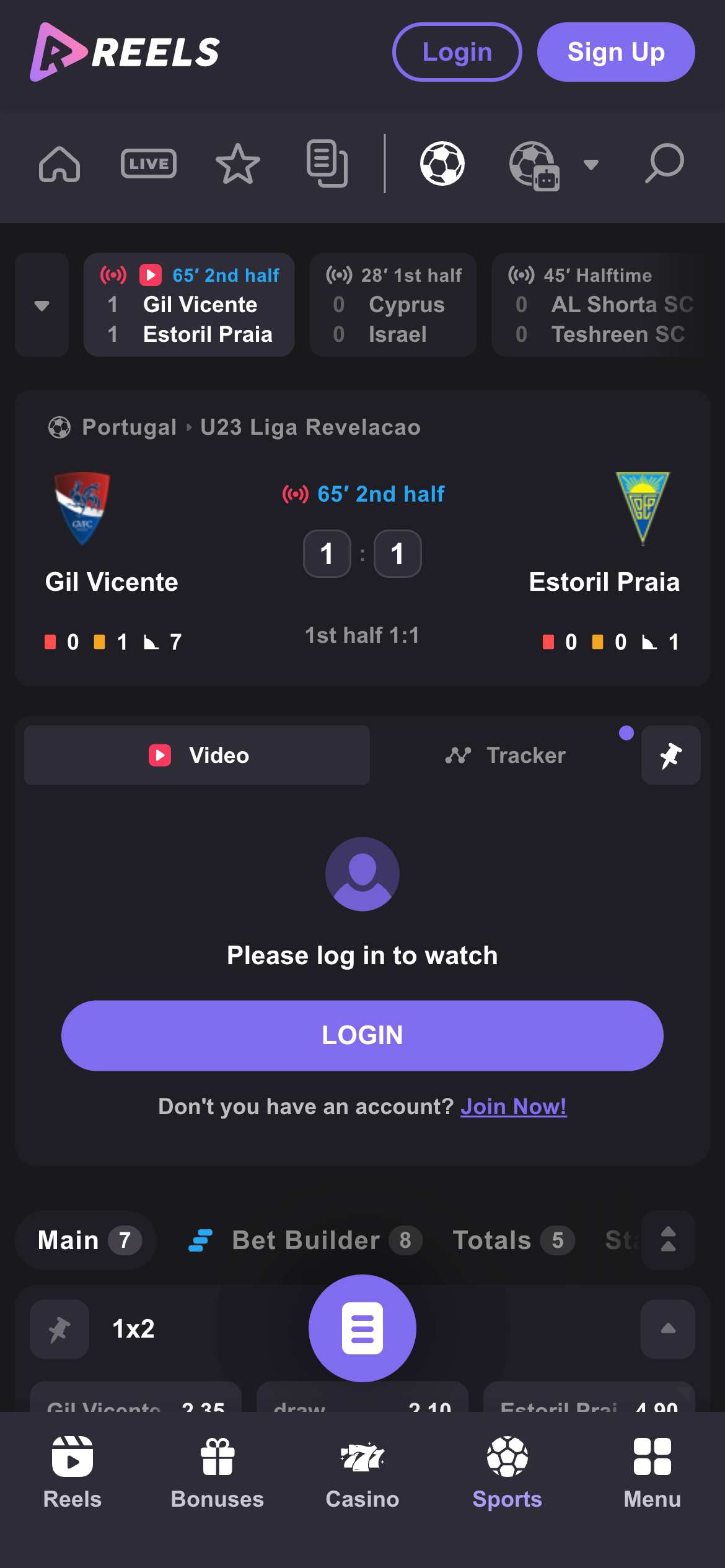 Reels.io στοιχηματική. Αγορές για το ζωντανό στοίχημα